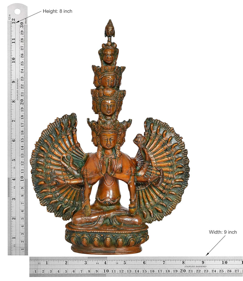 Brass Buddhist Idol Eleven-Headed or Thousand-Armed Avalokiteshvara for Home Decor and Office (Height: 12 Inch)