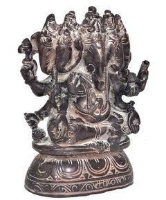Back/side view of brass Panchmukhi Ganesha idol, detailed hands and crown, antique finish