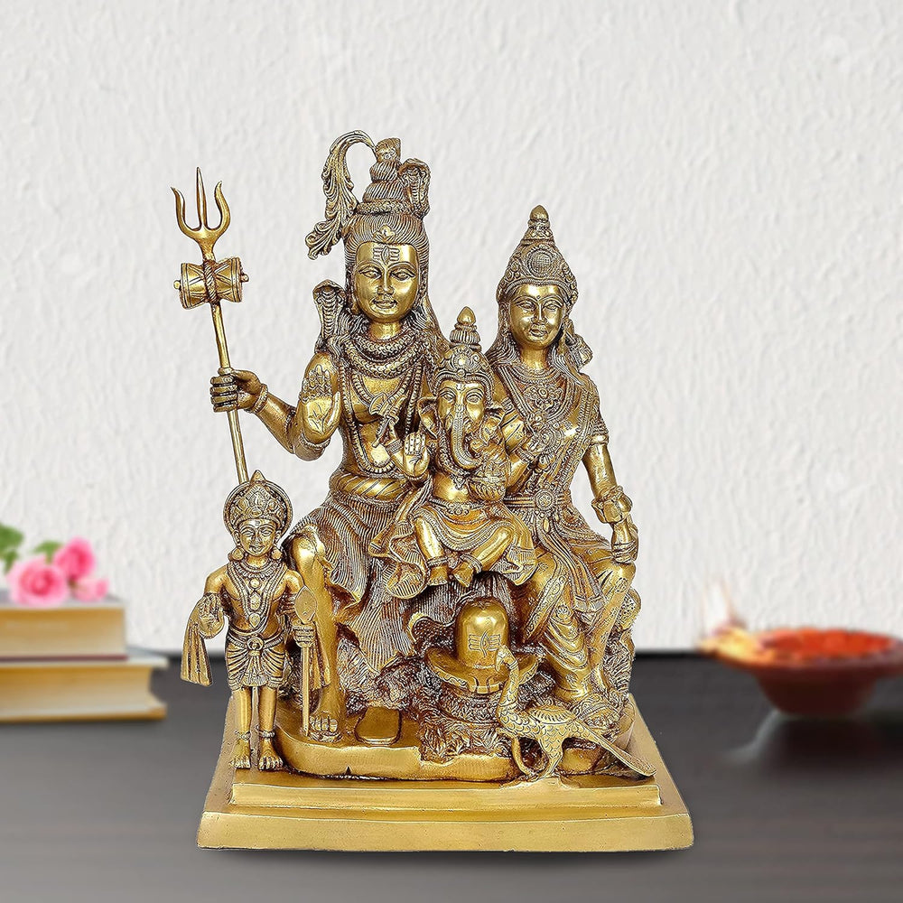Brass Shankar Bhagwan Family Statue Mahadev, Parvati, Ganesha, Kartikeya & Nandi Murti (Height 15 Inches)