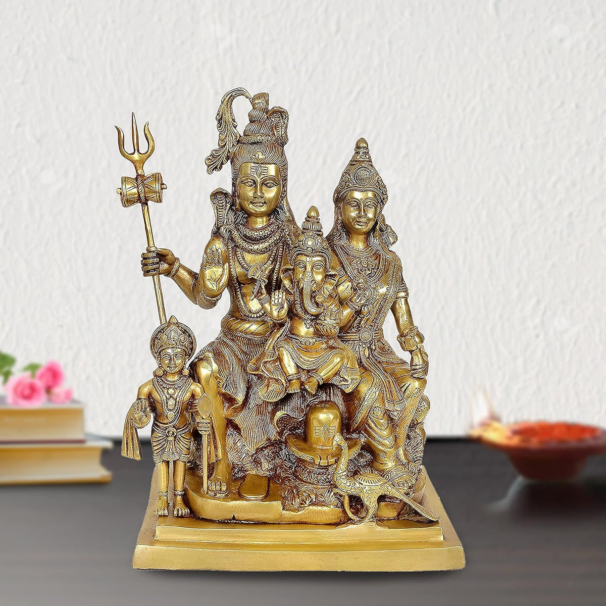 Brass family deity statue: Shankar, Parvati, Ganesha, Kartikeya, Nandi