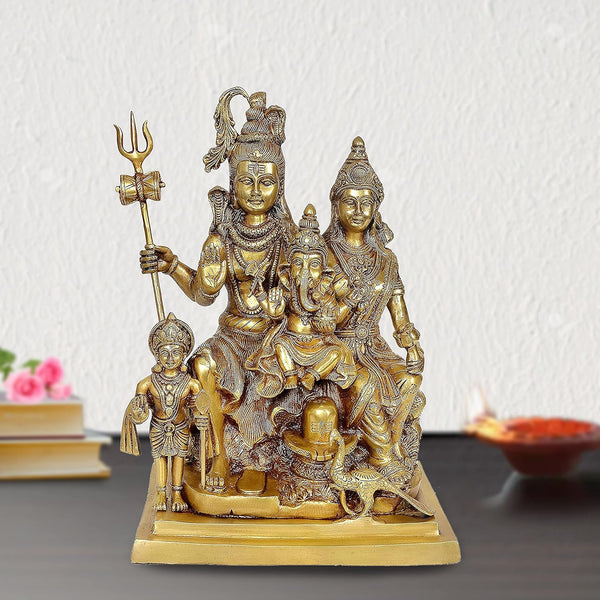 Brass Shankar Bhagwan Family Statue Mahadev, Parvati, Ganesha, Kartikeya & Nandi Murti (Height 15 Inches)