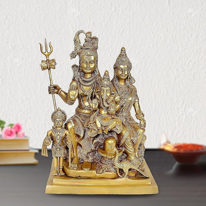 AONA brass Shiva Parvati family idol statue with trident, seated on base