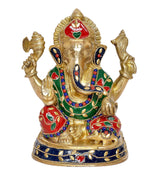 Ganesha decorative brass statue with jeweled red cap, blue earrings, and painted ornaments