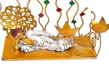 Gold reclining Buddha showpiece close-up with lotus candle cups and filigree on base