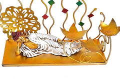 Gold reclining Buddha showpiece close-up with lotus candle cups and filigree on base