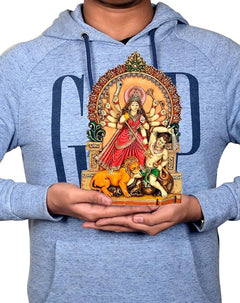 10-inch resin Durga Mahishasura Mardini idol held in hands, detailed base with lion