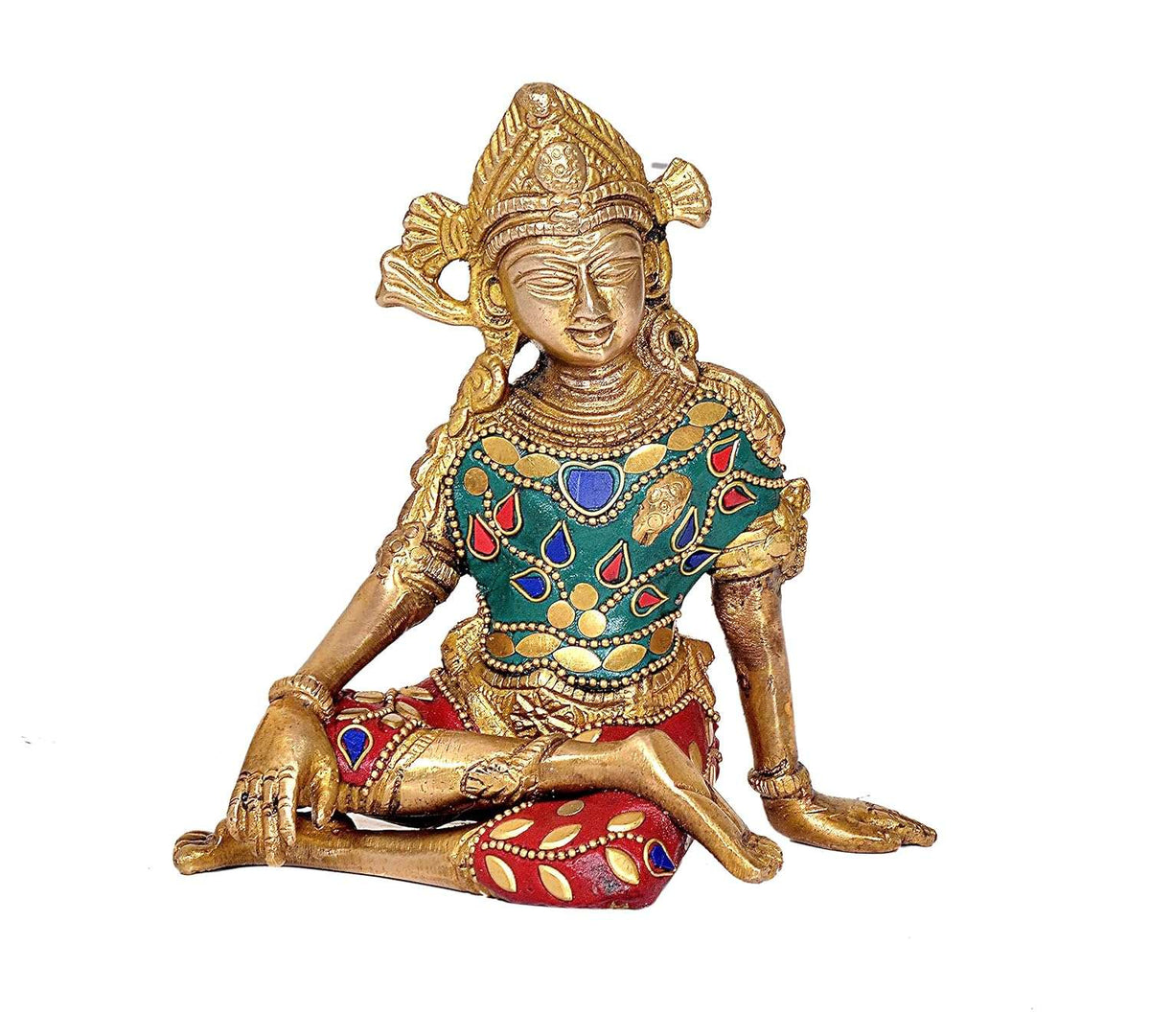Sitting Indra brass idol, teal and red jewel-patterned attire, seated pose, 5.75 in