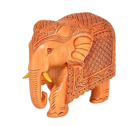 Elephant Wooden Statue in Trunk Down Pose for Home Decor | Height : 4 inches (Medium, 1)