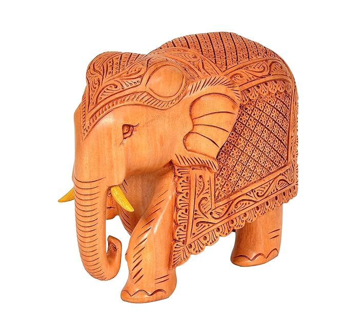Elephant Wooden Statue in Trunk Down Pose for Home Decor | Height : 4 inches (Medium, 1) Craft Detail