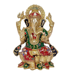 Brass Ganesha idol on lotus, 12 in, jeweled red, green & blue detailing