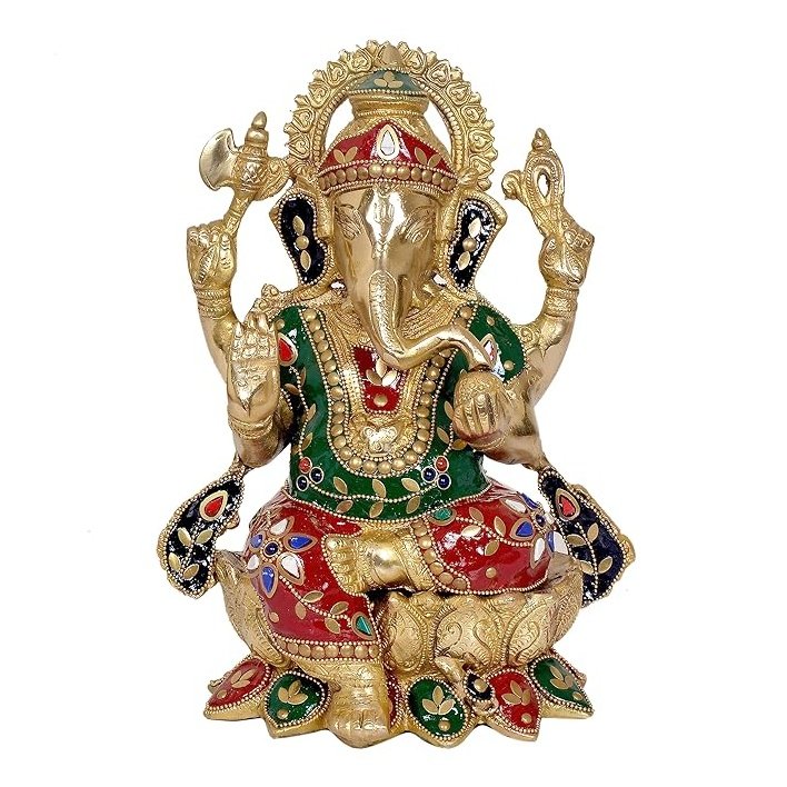 Brass Ganesha Ganesh Statue Idol Murti On Lotus for Home Decor | Height : 12 inches