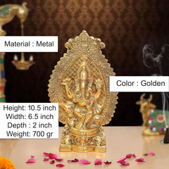 Metal Ganesha idol, 10.5 in height, ornate gold finish