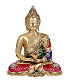 Front view brass Buddha meditation idol with gold face and multicolor embroidered robe, seated.