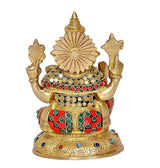 Back view Brass Ganesha statue with ornate sunburst halo and jeweled belt, seated base.