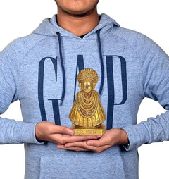 Golden brass Khatu Shyam ji idol statue on base held in hands, small size