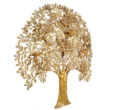 Golden brass Kalpavriksha tree wall hanging, close view of upper branches and leaves