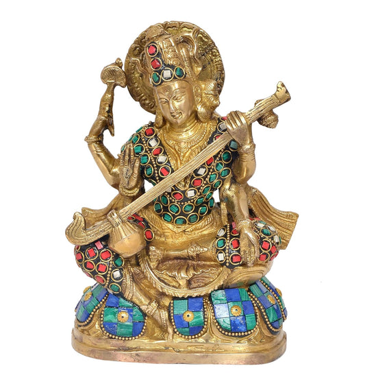 Maa Saraswati Statue - Handcrafted Hindu Goddess Saraswati Idol for Home Decor and Pooja (Height 8 Inch) (MULTICOLOUR)