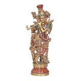 Brass Krishna statue with jeweled crown and flute, stonework detail, 14 in