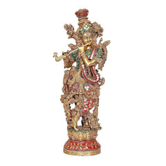 Brass Krishna statue with jeweled crown and flute, stonework detail, 14 in