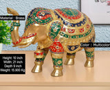 Brass elephant figurine with multicolor enamel-style patterns; height 10 inch dimensions shown