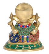 Brass Ganesha statue, back view with gold head and multicolor jeweled torso