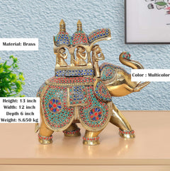 13-inch brass riding elephant statue with multicolor beaded pattern and ornate saddle