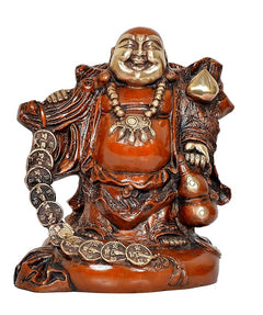 Laughing Buddha brass-tone decoration with orange robe and smiling face, holding coins