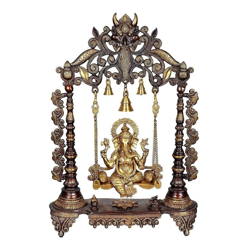 Brass Ganesha on a Swing with Three Bell Holding Brass Chain Kirtimukha Height 26 Inches