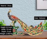 Multicolour brass peacock sculpture, 8.5 in tall