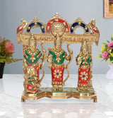 Brass Ram Darbar statue with Sita, Lakshman and Hanuman, ornate red and green outfits