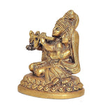 Brass Radha-Krishna statue from side angle, seated on asan with detailed jewelry and belt