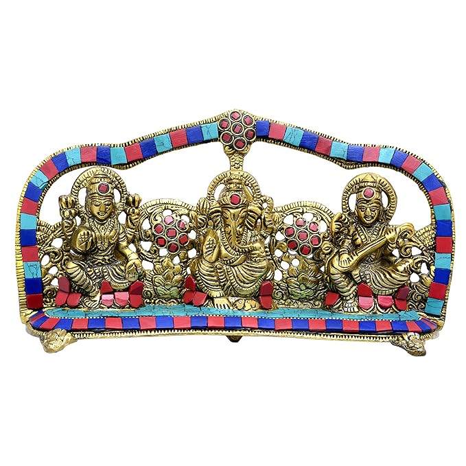 Lakshmi, Ganesha & Saraswati metal idol set with painted arch and decorative base