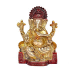 Brass Ganesha idol statue, front view, raised hands, red crown and base