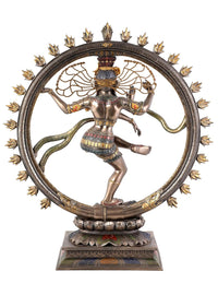 Lord Nataraj Deko-Statue in Kupferfinish-Polyresin, Rückansicht mit Rundrahmen und Flammenkranz