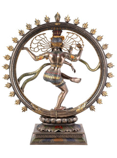 Lord Nataraj Deko-Statue in Kupferfinish-Polyresin, Rückansicht mit Rundrahmen und Flammenkranz