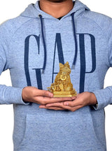 Idol Krishna showpiece held in hands, small gold temple statue, seated Krishna figure