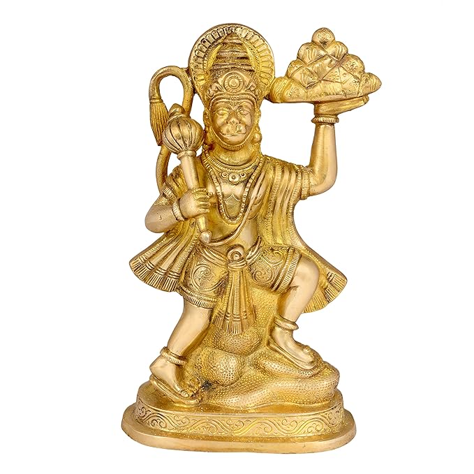 Brass Lord Bhagwan Hanuman Murti for Home Puja Carrying Sanjeevani Mountain Posture Idol Bajrangbali with Gada Statue for Pooja Gift Living Room Mandir Temple Decor Gold Colors