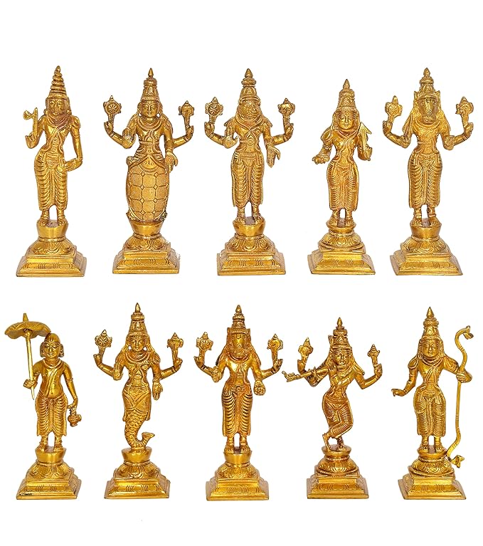 Gold Dasavatharam Vishnu avatar idols, ten standing figures for temple puja