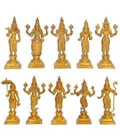 Gold Dasavatharam Vishnu avatar idols, ten standing figures for temple puja