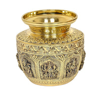 Messing Puja Kalash Lota mit Zierornamenten und Ashtalakshmi-Relief, gold