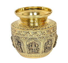 Messing Puja Kalash Lota mit Zierornamenten und Ashtalakshmi-Relief, gold