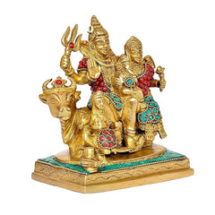 Brass Shiv Parivar statue raised trident, red bead necklaces, turquoise details, green base