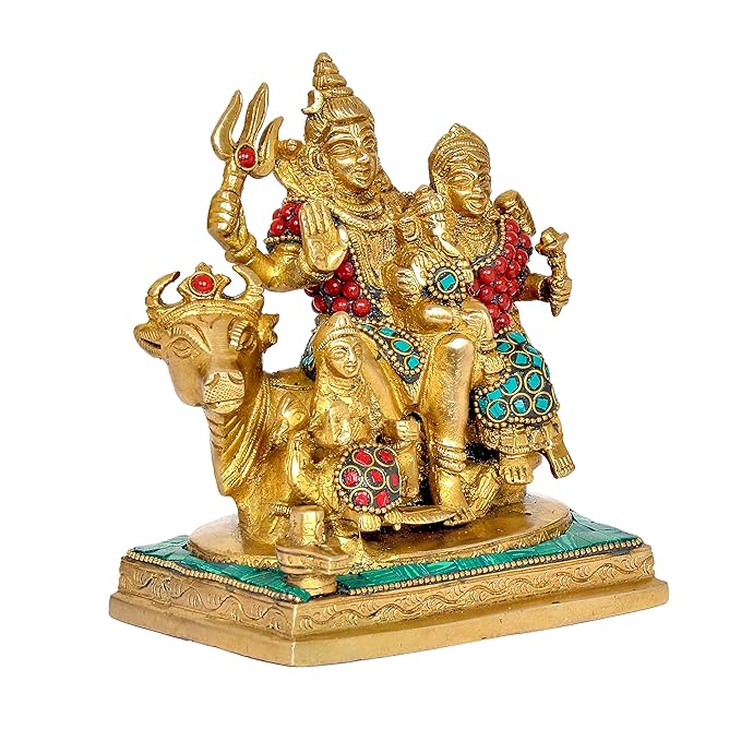 Brass Shiv Parivar Statue Idol for Home Decor Showpiece | Height : 6 Inches (Green Multi)