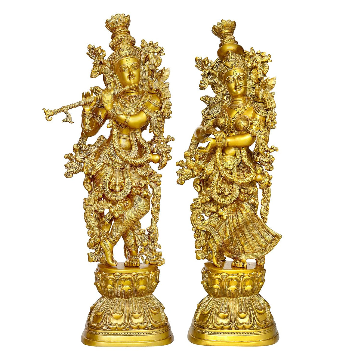 Goldene Messing-Radha-Krishna-Idole, 29 Zoll, Vorderansicht, verzierter Sockel