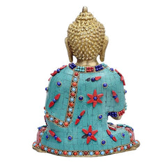 Brass Buddha back view, multicolour floral stonework robe, seated with beaded details