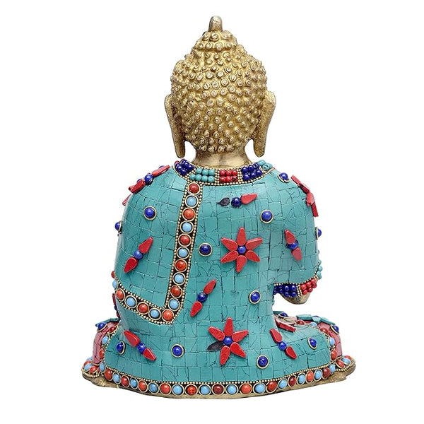 Brass Buddha Floral Stone Work Multicolour Home Decor Height : 9.8 Inches Study Setting
