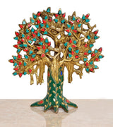 Brass Kalpavriksha tree statuette with teal base and red/turquoise stone accents