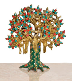 Brass Kalpavriksha tree statuette with teal base and red/turquoise stone accents