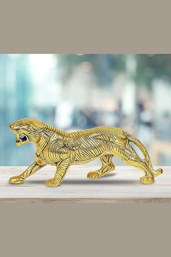 Metal Golden Tiger Statue Figurine Home Table Decor,Width : 8.5 inch Mandir Setting