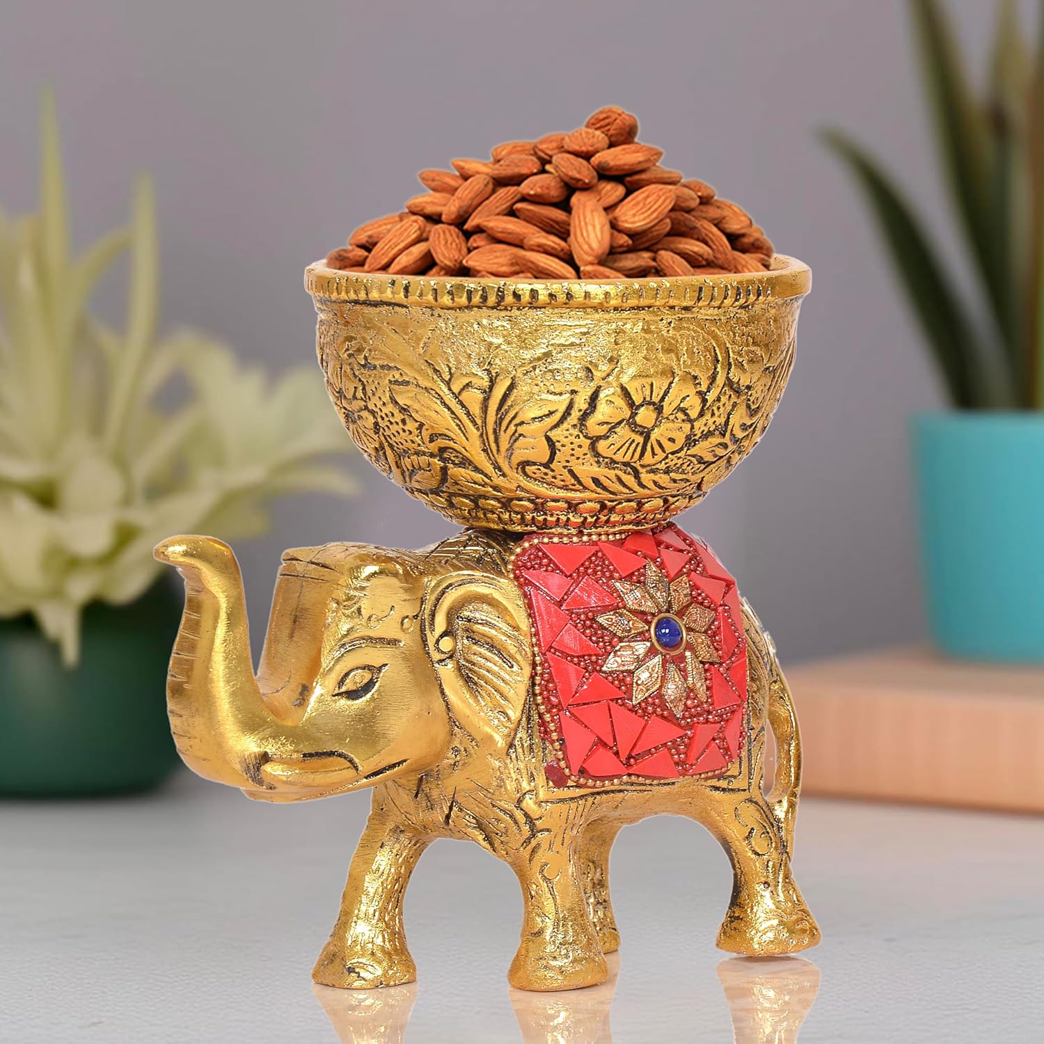 Metal Elephant Dry Fruit Bowl Showpiece Gold Polish for Home Decor Room Table & Gift Diwali,Raksha Bandhan Pack of 1 (Height 5 Inch) (Multicolor RED Stone)